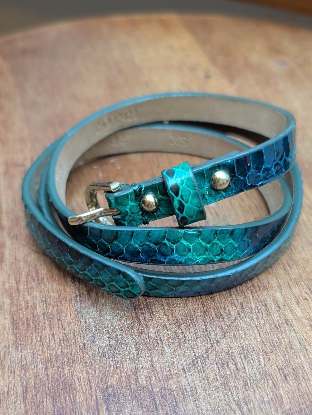 Ann Taylor Teal Green Snake-Embossed Wrap Belt with Gold Hardware